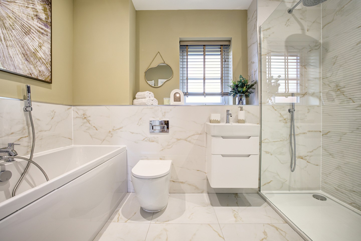 Modern marble bathroom with walk in shower